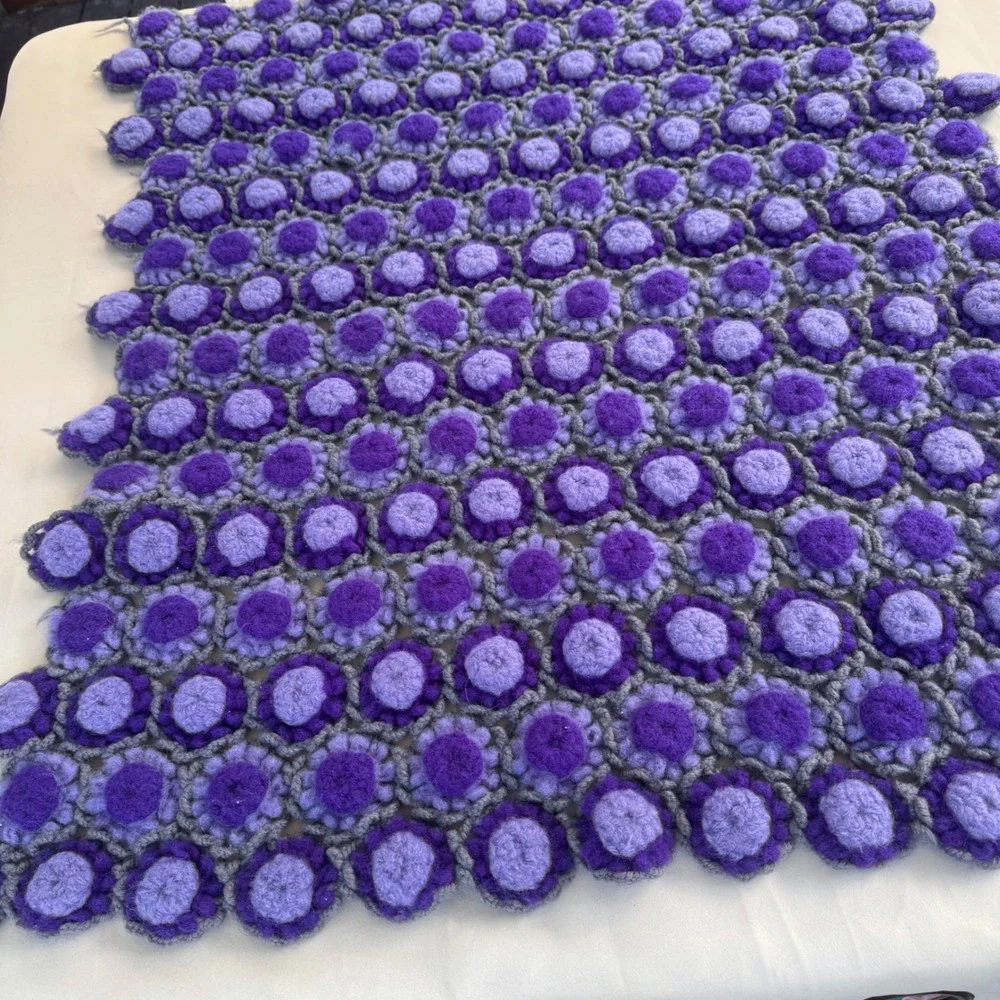 Handmade Crochet Wool 3D Puff Flower Lap Blanket Purple Lavender Throw 26x33
